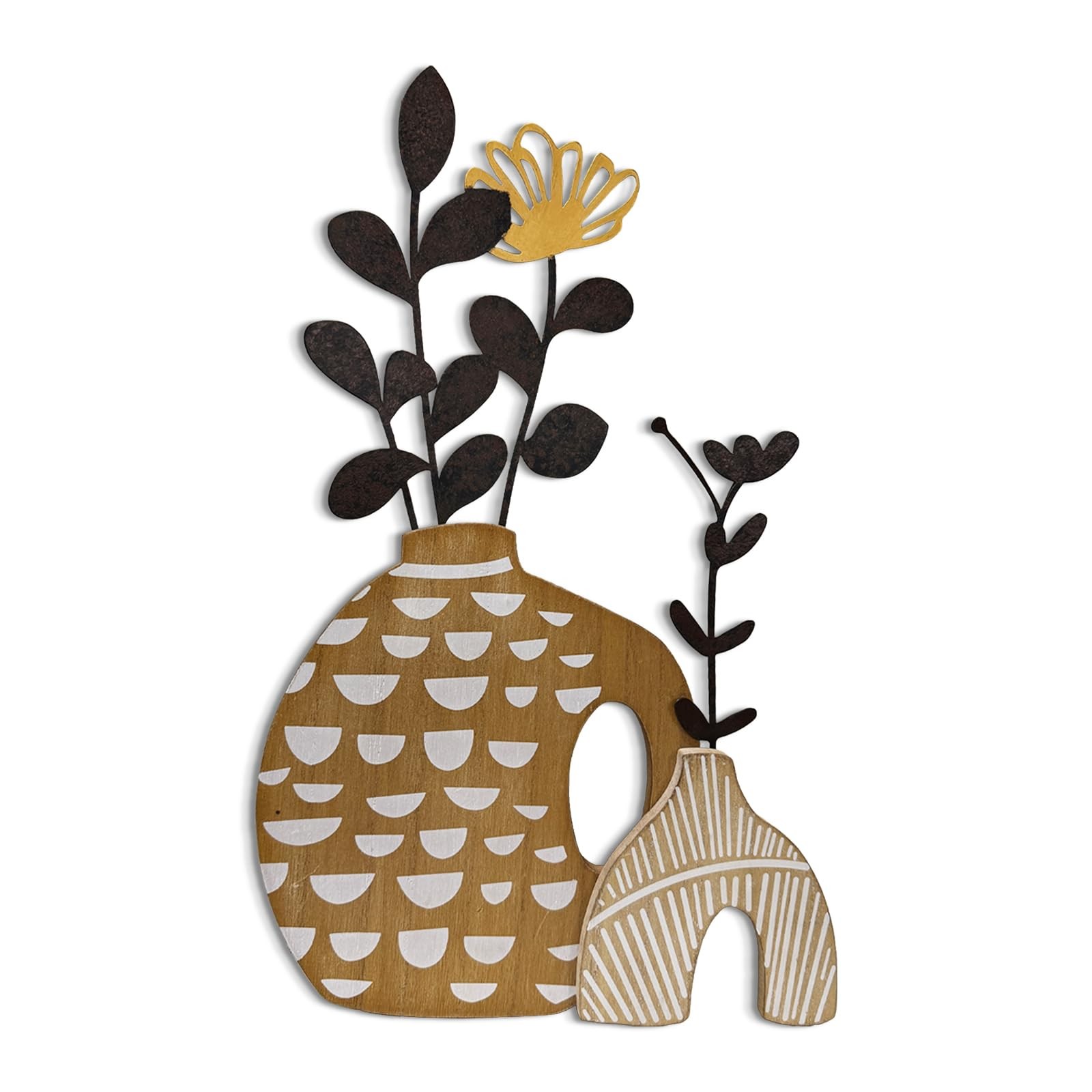 Rustic Metal and Wood Flowers Wall Art, Bohemian Vase with Flower Design, Bla…