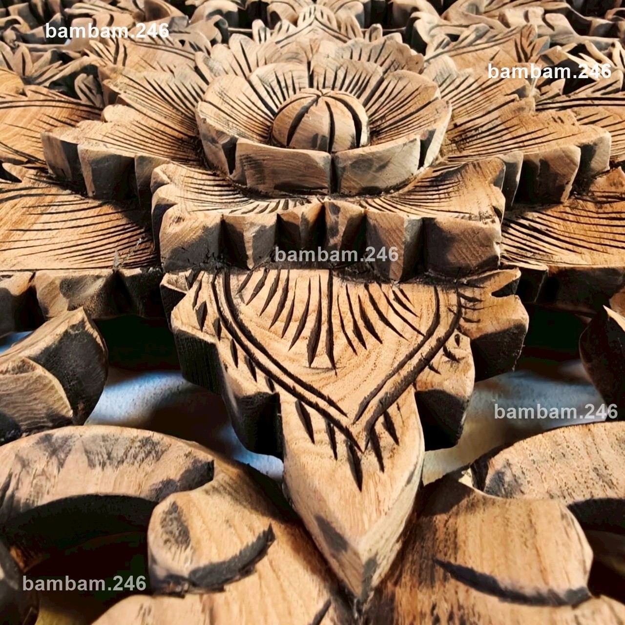 Large Round Teak Wood Wall Art 35 in Floral Flower Design Thai Carving for Livin