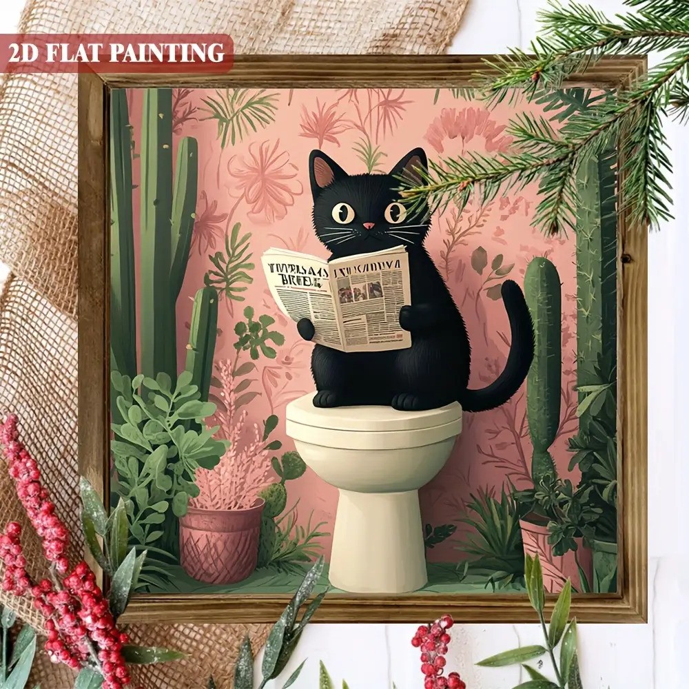2D Bohemian Black Cat Reading Newspaper Wooden Sign for Home Bathroom Wall Decor