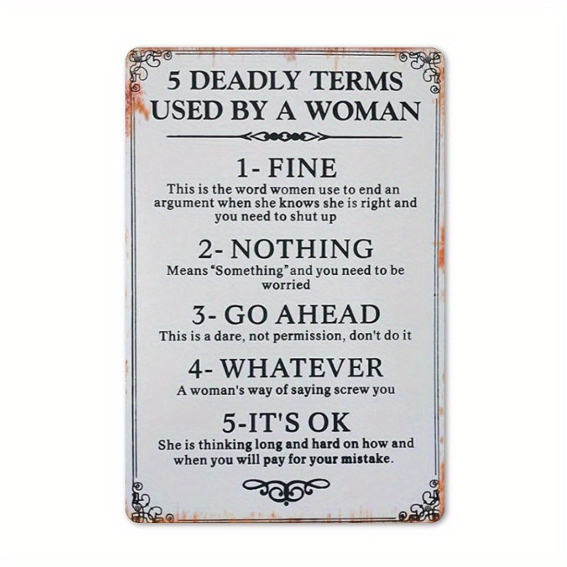 Vintage White Metal Sign 5 Deadly Terms Used By A Woman Funny Bar Wall Plaque