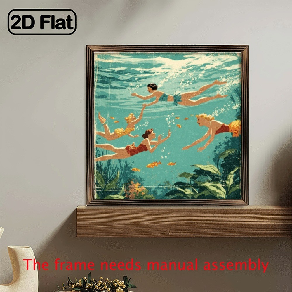 Vintage Woman Swimming with Fish Wooden Plaque Coastal Home Bathroom Decor