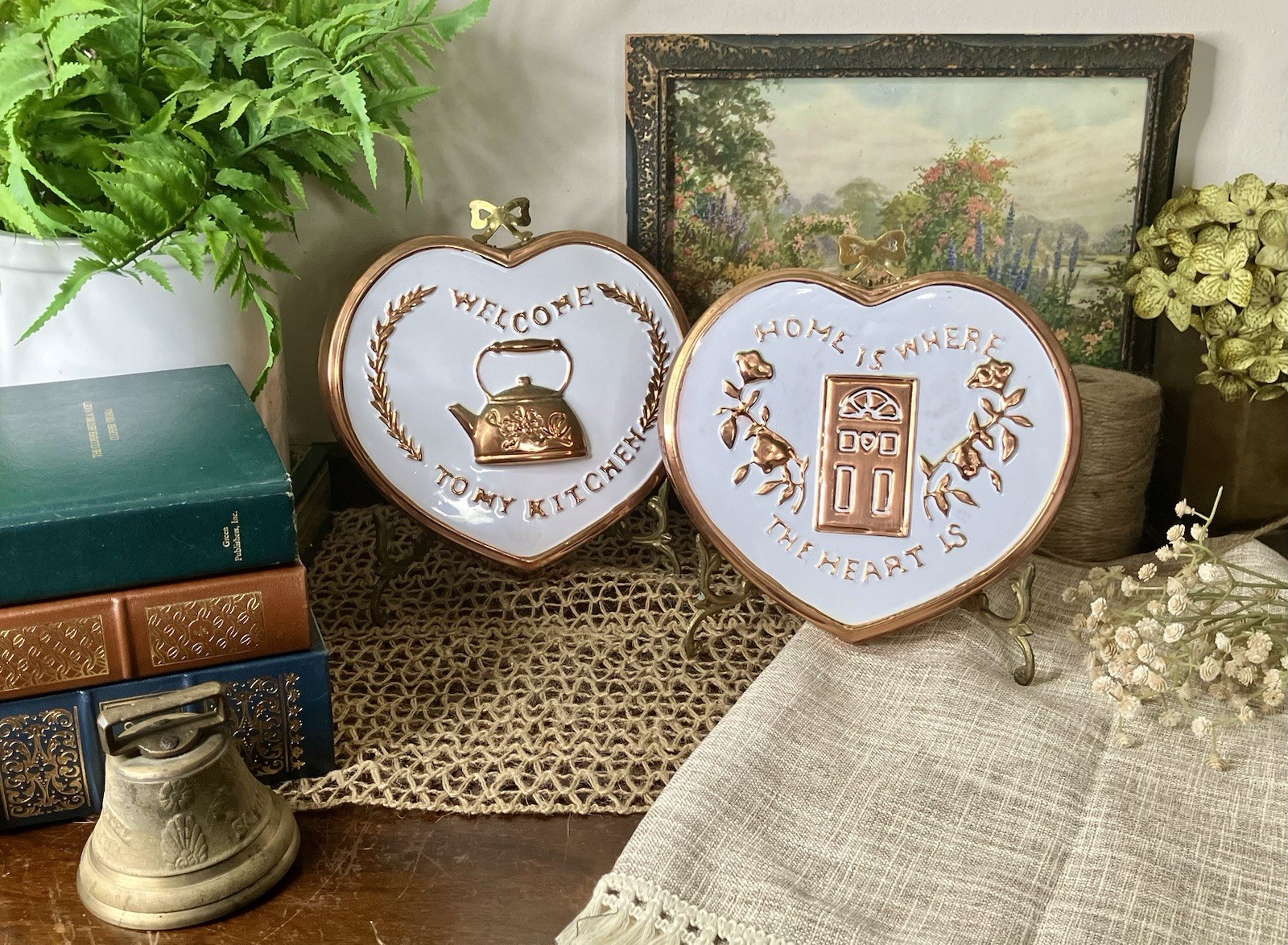 Vintage Heart Wall Hangings Plaques – Copper & White – Cottage Kitchen Decor
