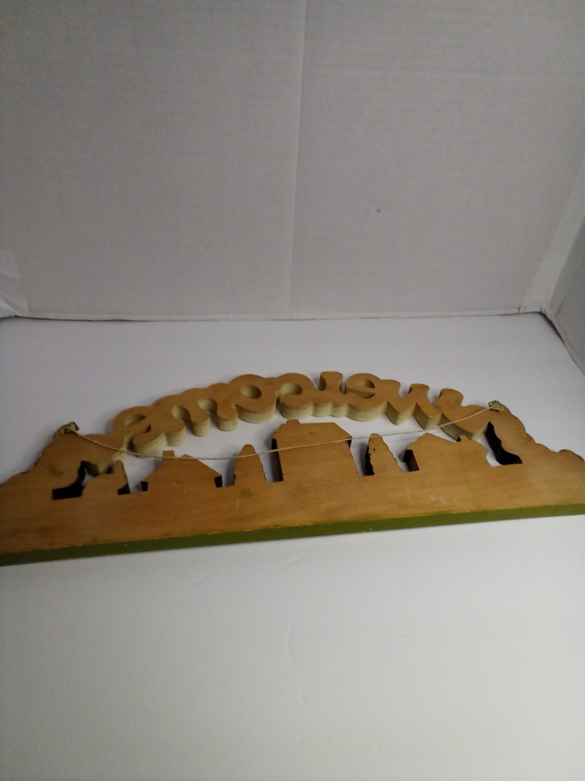 Vintage Folk Art Welcome Sign Houses Trees Hand Painted Cottagecore 19″ x 7″