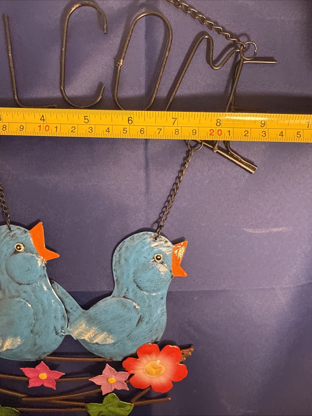 Vintage Metal Hand-Painted Welcome Bluebird Chicks Sunflower Flowers Sign