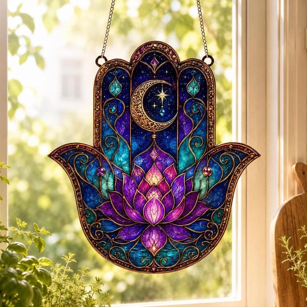 Acrylic Hamsa Hand Suncatcher, Celestial Lotus Flower Window Hanging
