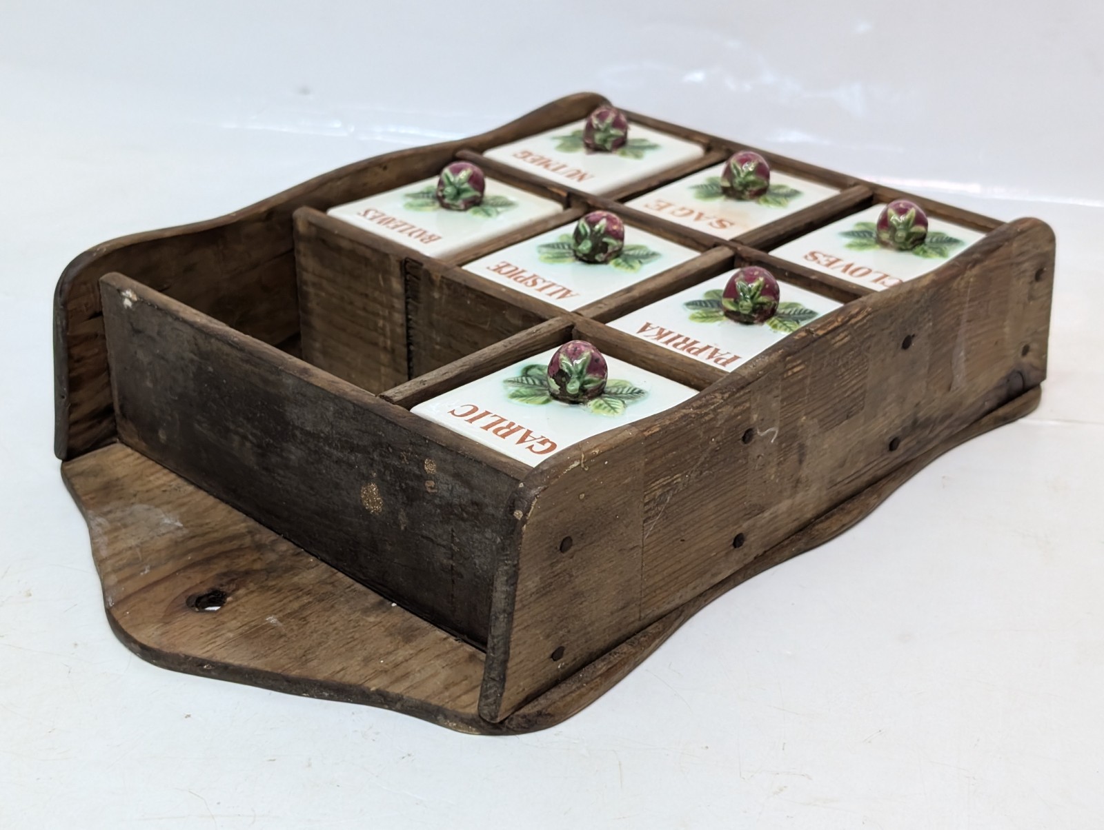 Vintage 1970s Wood & Ceramic Cottage Core Wall Spice Rack with Strawberry Design