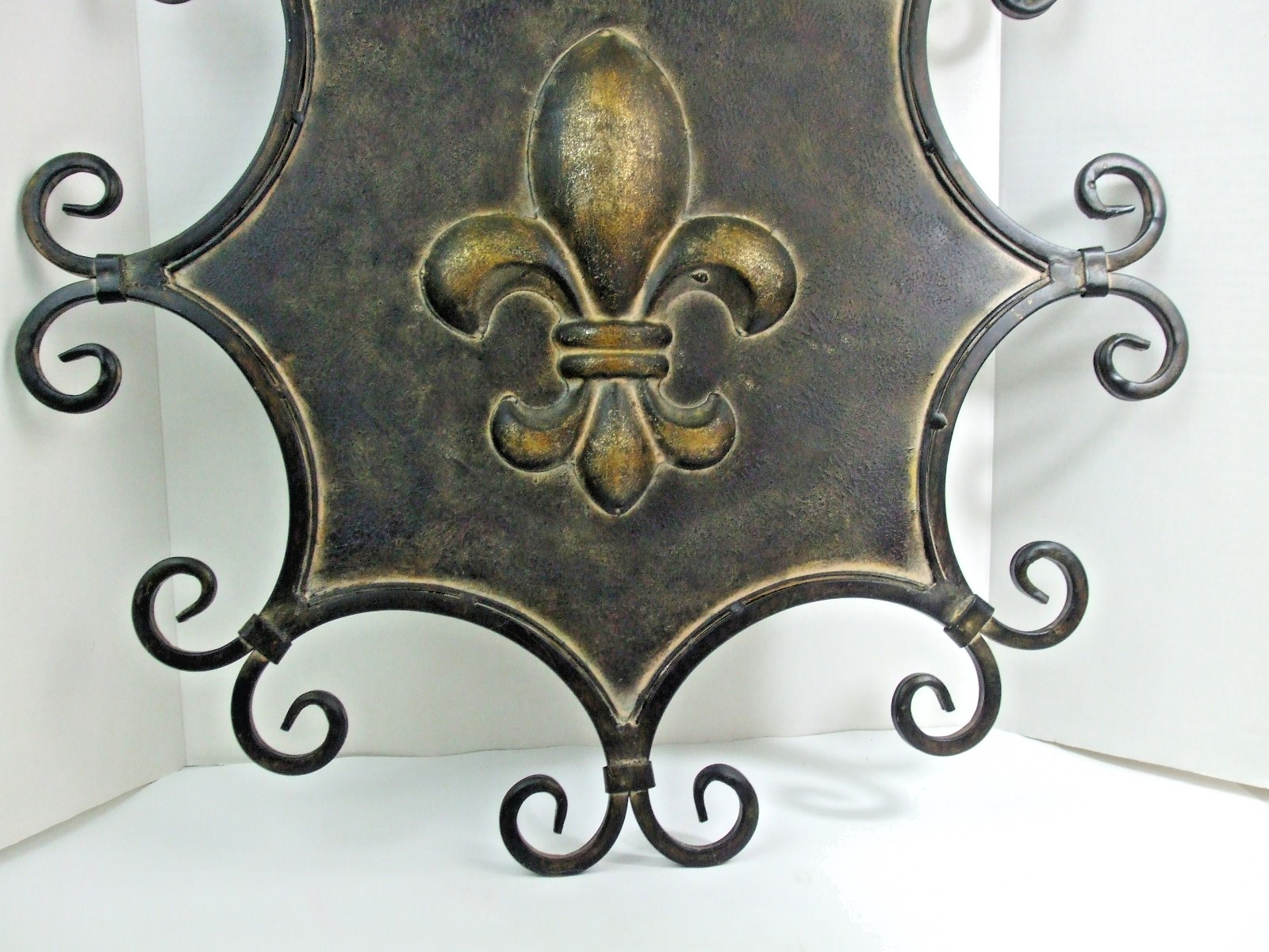 Large Fleur De Lis All Metal Wall Art Hanging Black/Bronze Shield Accent 24″ Vtg