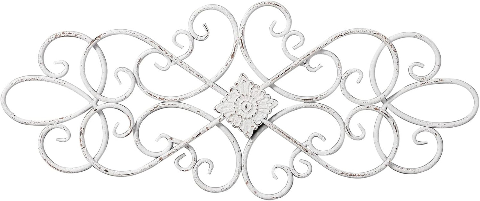 White Flower Scroll Metal Wall Art Decor 32″ x 13″ | Hanging Vintage Large Flora