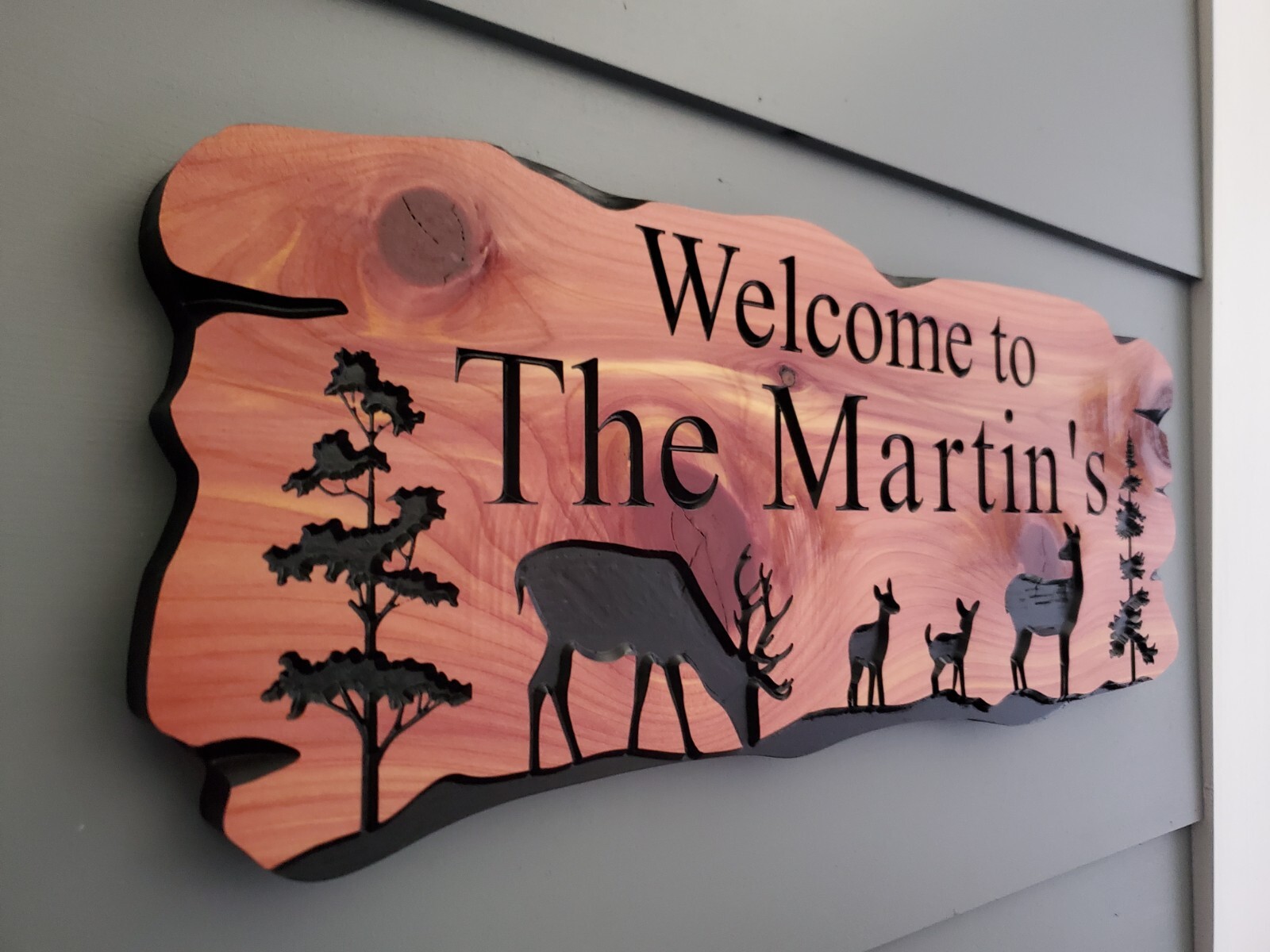 Custom Outside Family Sign Carved Wood Hanging Rustic Plaque Deer Nature Scene