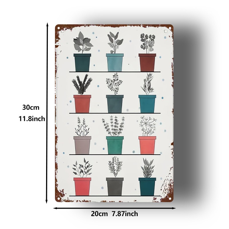 Vintage White Metal Sign multi-color potted plant illustration home wall decor