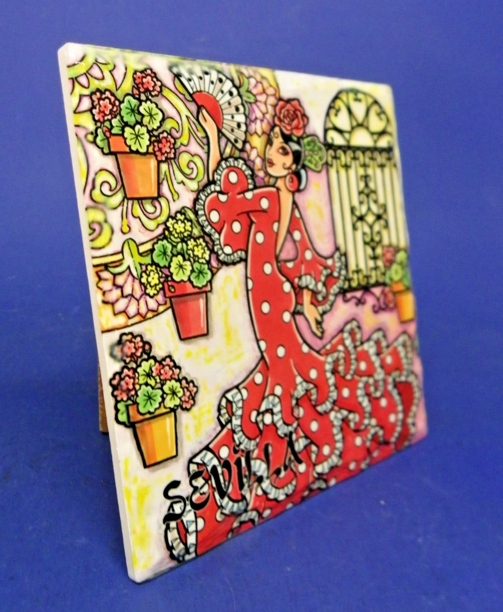 Flamenco Dancer Glossy Ceramic Tile Wall Hanging Plaque Sevilla Spain 6.5″ x6.5