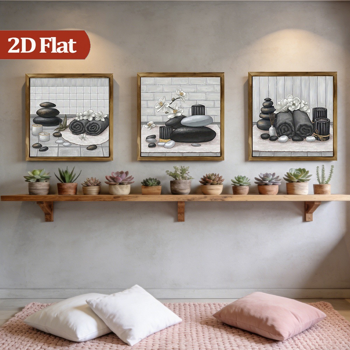 3Pcs Rustic Zen Stone Orchid Framed Wall Art Wooden Sign Spa Bathroom Decor Gift