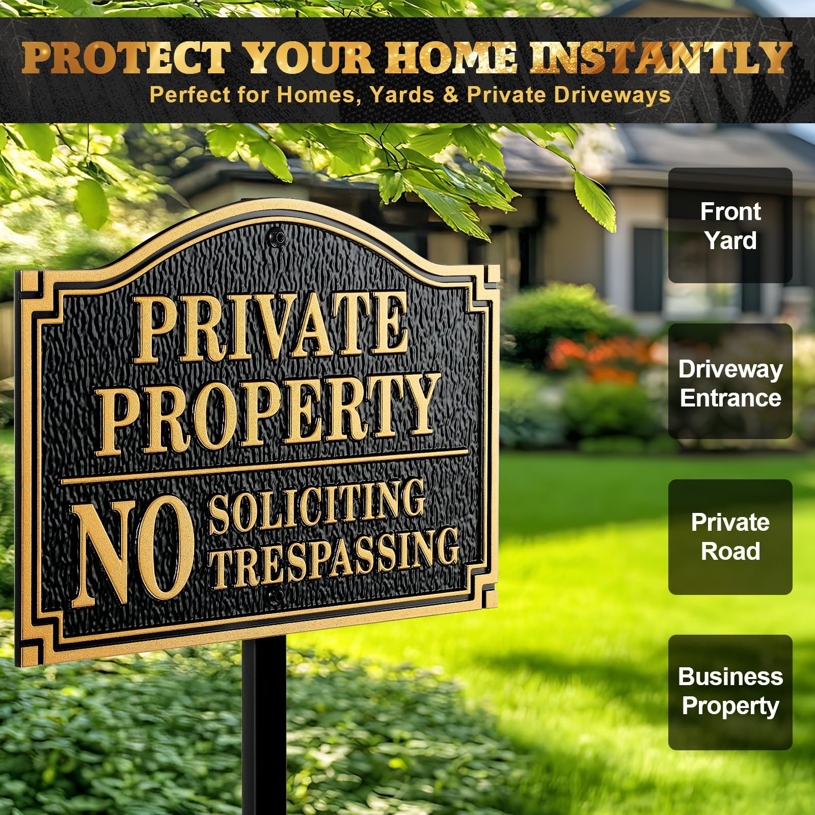 Brass No Soliciting No Trespassing Sign – 11.5″x7.5″ Metal Plaque with Lawn Stak