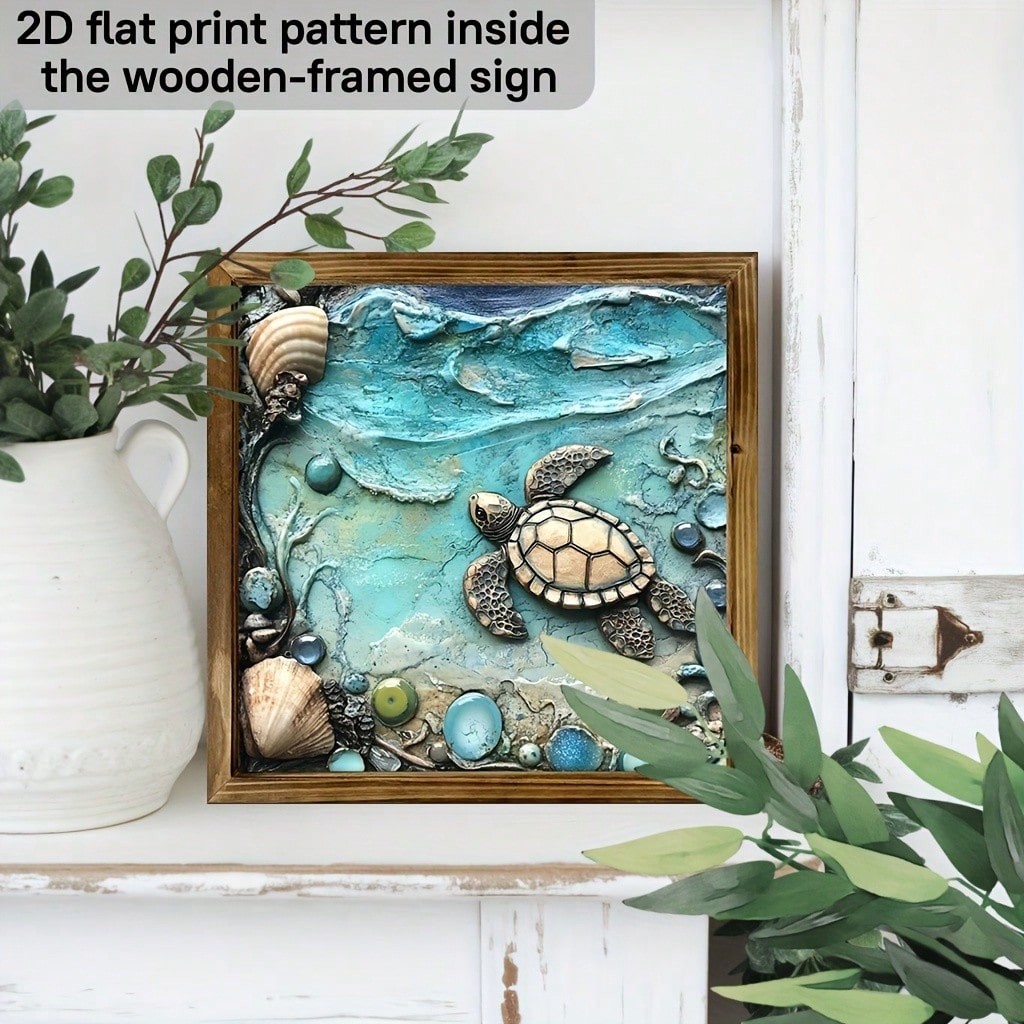 3D Relief Sea Turtle Seashell Ocean Wooden Plaque Coastal Bathroom Wall Decor