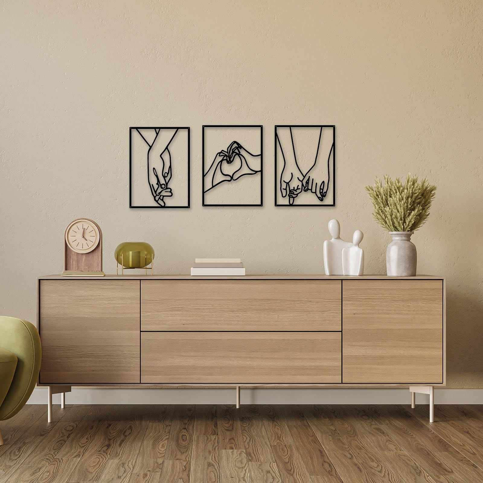 3 PCS Minimalist Heart Hands Black Metal Wall Decor Single Line Abstract Art