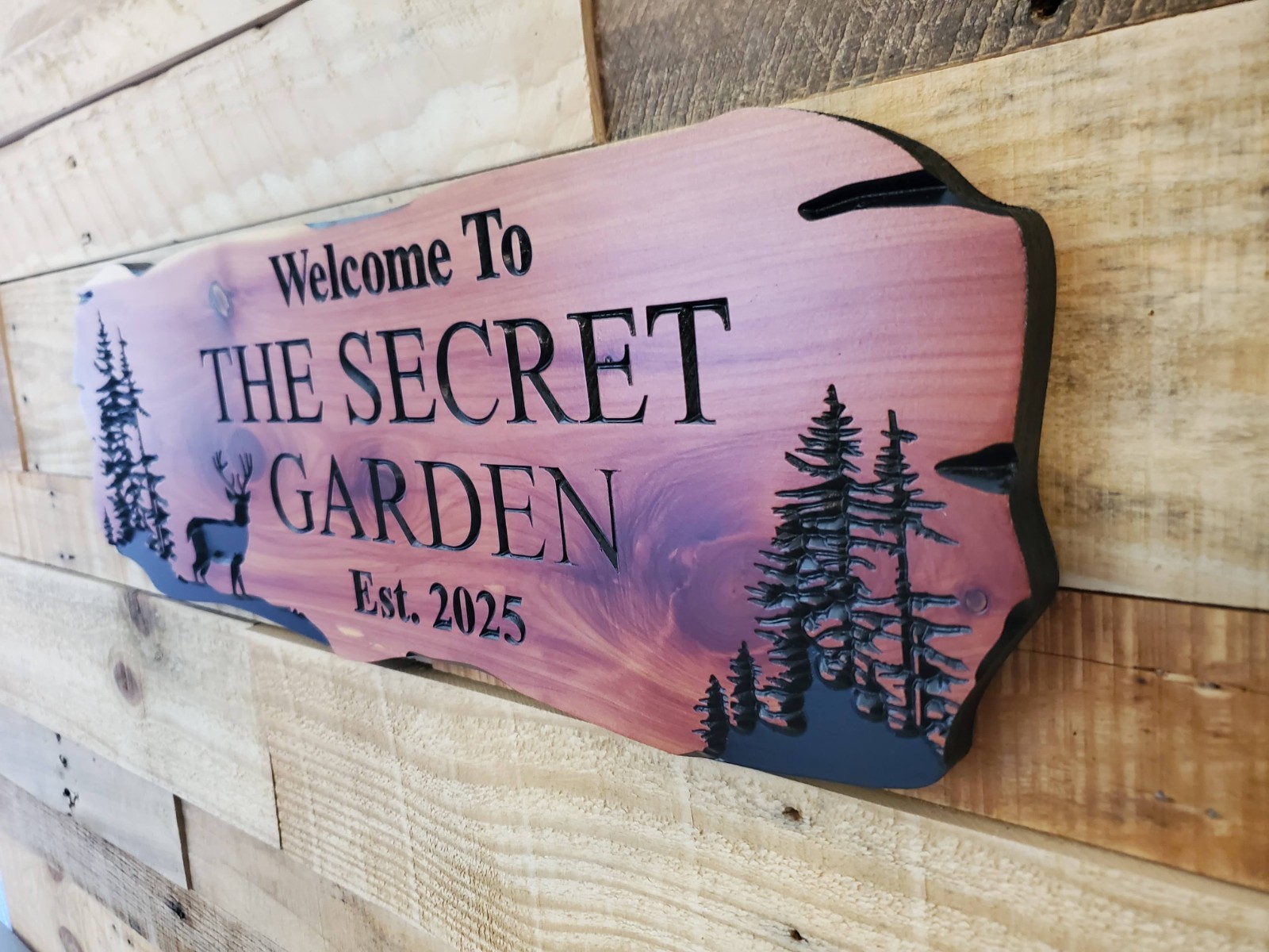 Custom Dear Sign Carved Wood Name Mountain Lake Home House Outdoor Plaque