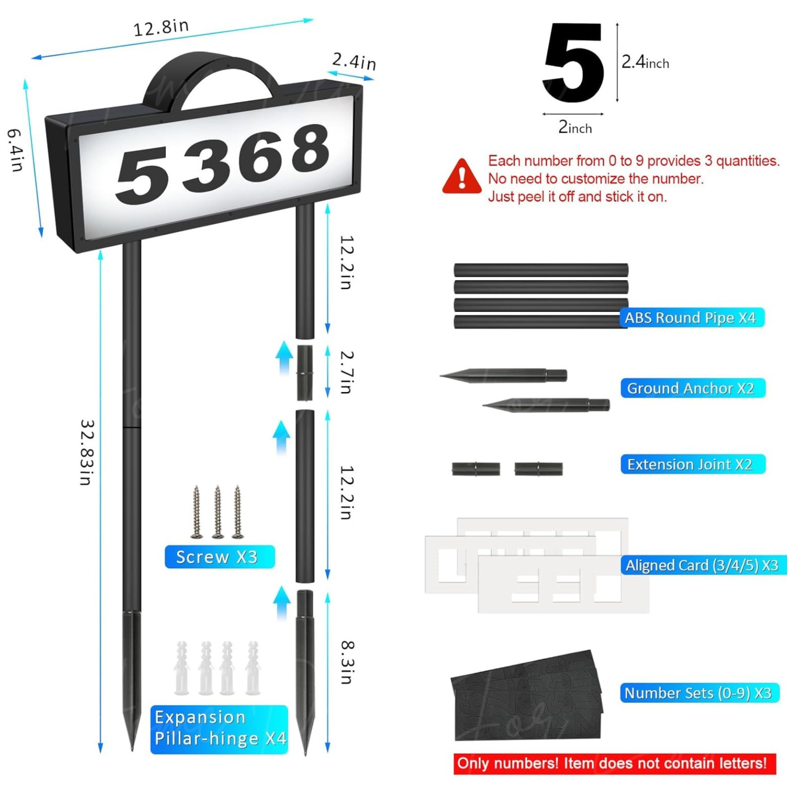 Solar LED House Address Number Sign Yard Stake Outdoor Lighted Wall Door Plaque
