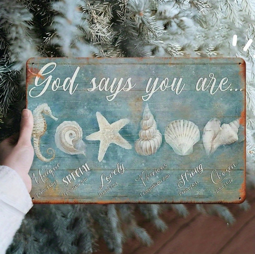Vintage Coastal Metal Wall Art Bible Verse Seashell Starfish Beach Sign