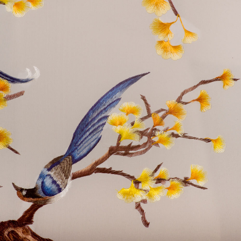 US SELLER -Chinese Silk Embroidery Wall Art of Blue Maggies Yellow Ginkgo Branch
