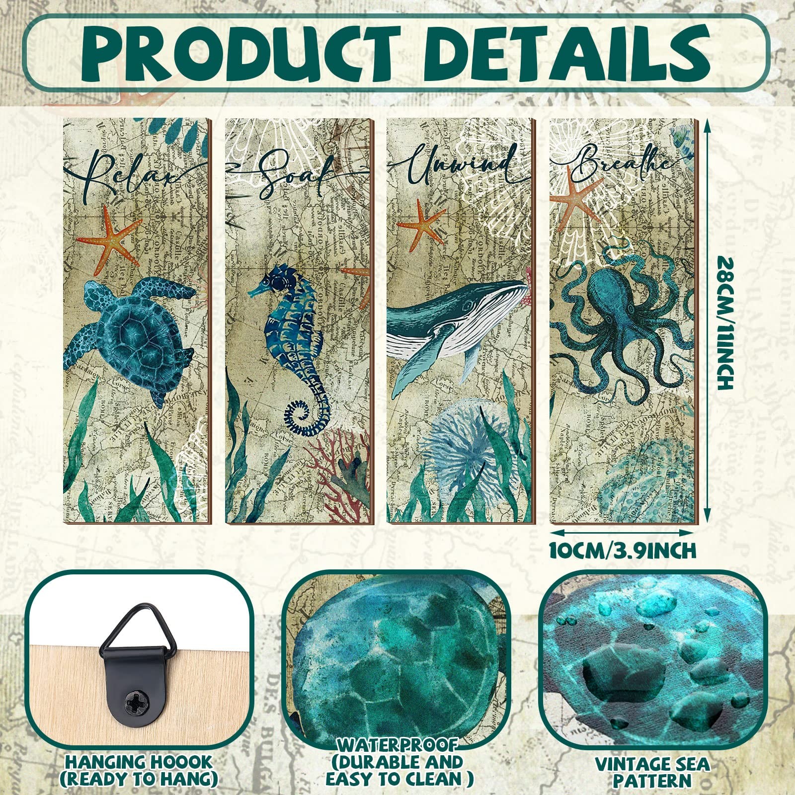 Qunclay 4 Pieces Beach Bathroom Decor Wall Sign Ocean Decor Sea Turtle Wall Art
