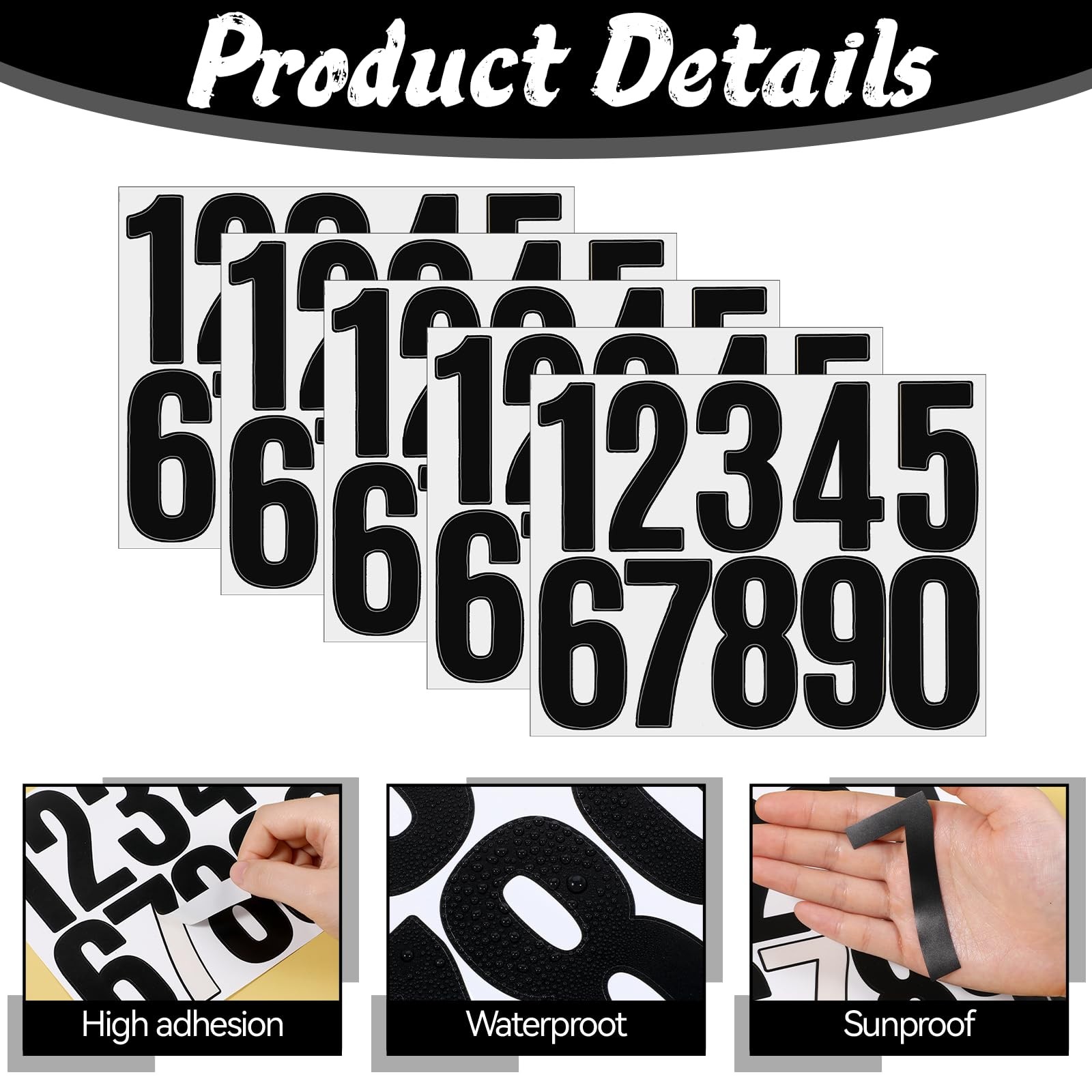 5 Sheets Black Number Stickers, 3 in Vinyl Stick on Numbers, 0-9 Waterproof A