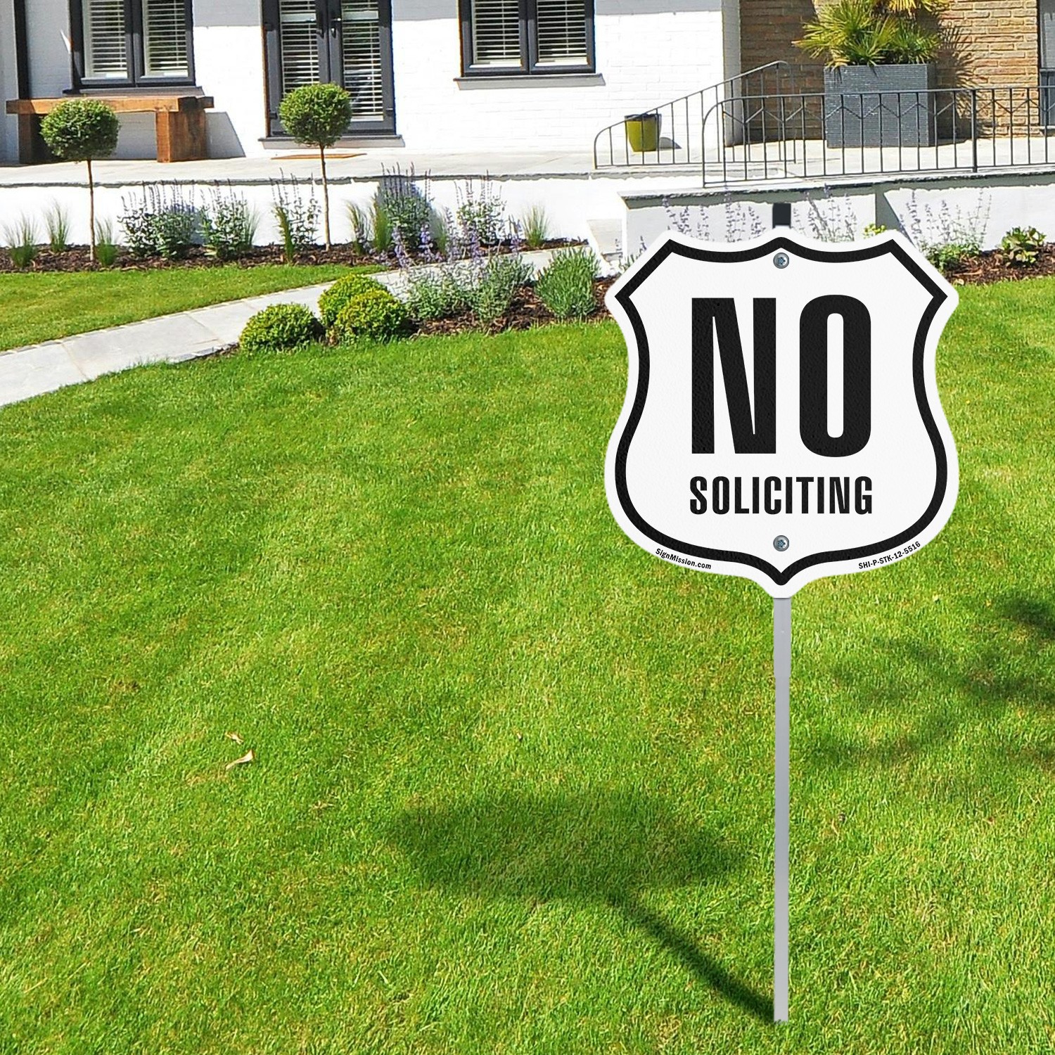 No Soliciting Shield Shaped Sign With Stake Weather Resistant Crafted in the USA