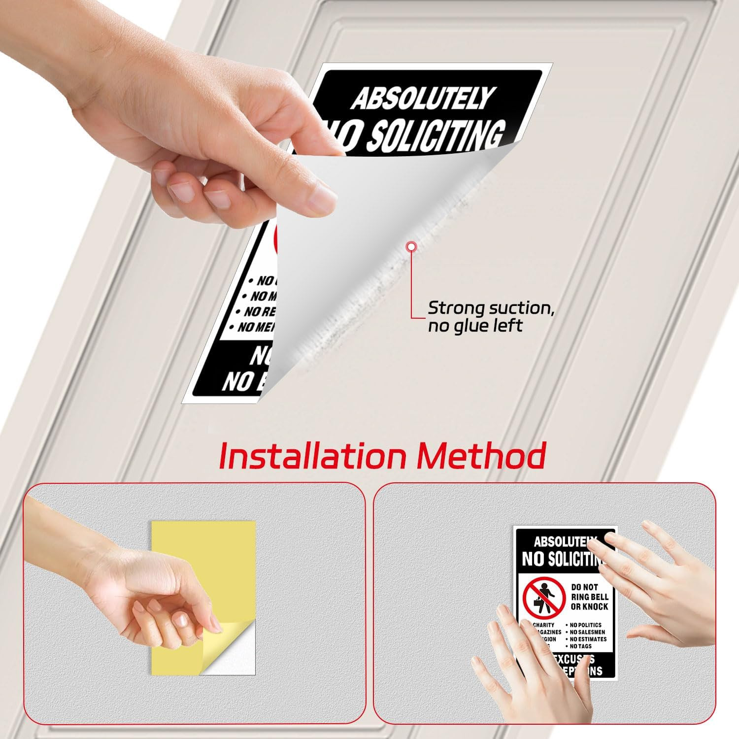 No Soliciting Sign for Front Door, 3 Pack 6X4Inch Reflective Vinyl Stickers |