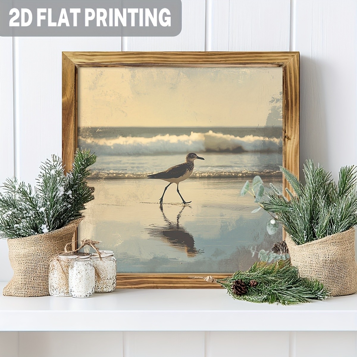 Shorebird Walking On Sandy Beach Vintage Coastal Landscape Wooden Framed Art