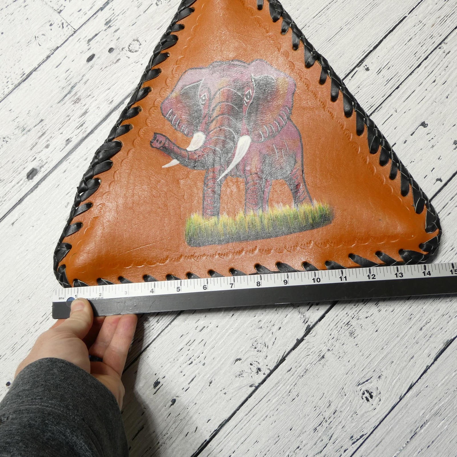 Leather Triangle Elephant Wall Plaque Hand Painted African Brown Medium Decor