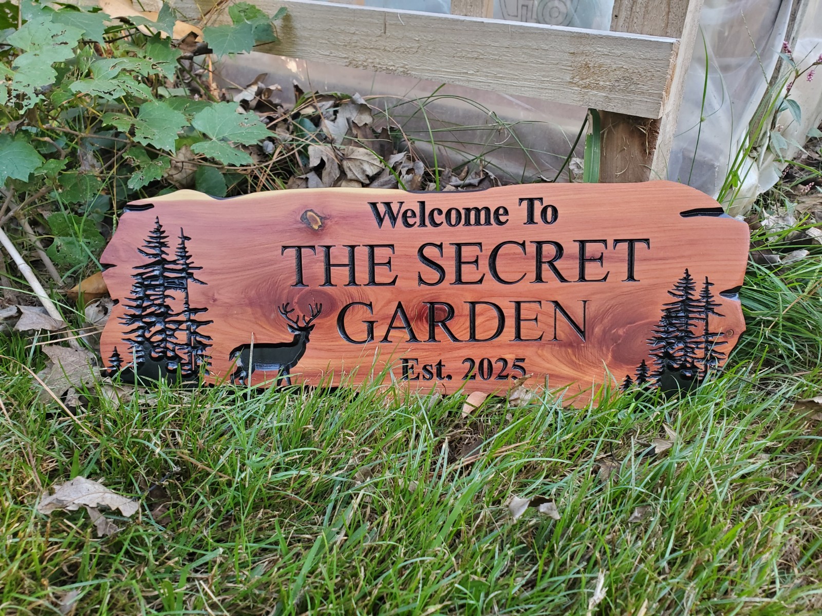 Custom Dear Sign Carved Wood Name Mountain Lake Home House Outdoor Plaque