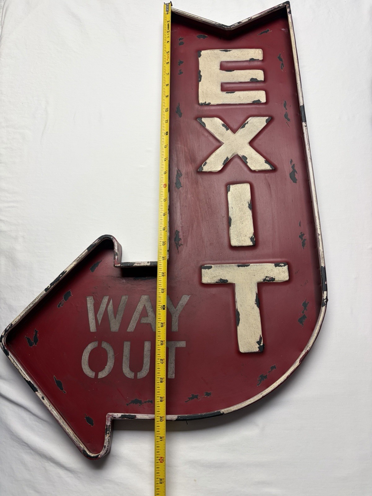 Wall Decor Metal “Exit Way Out” Sign Curved Arrow in Red Distressed Design