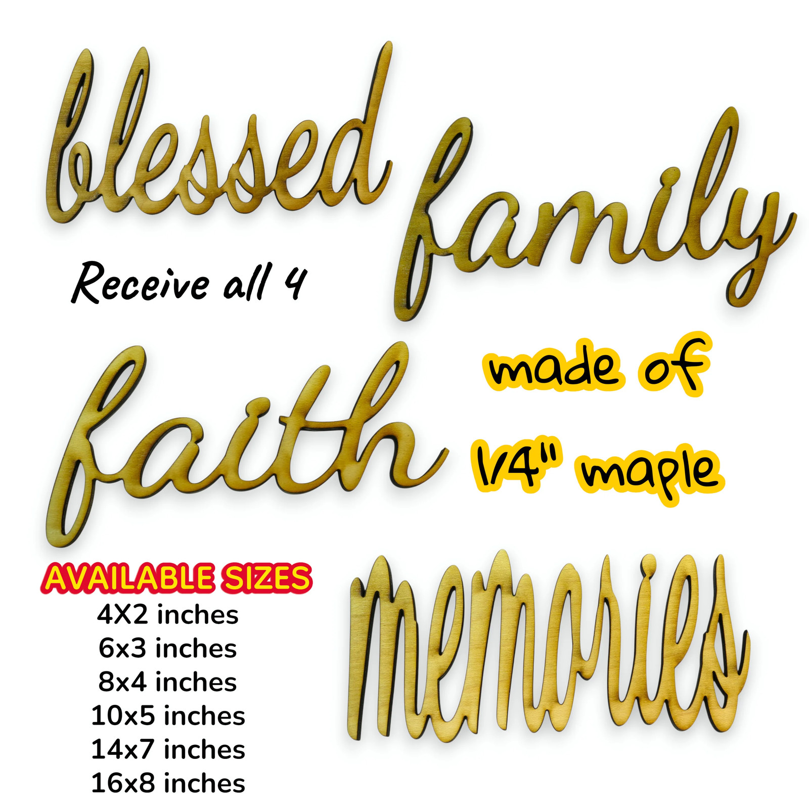 Signs – blessed family faith memories – All 4 – Raw Wood