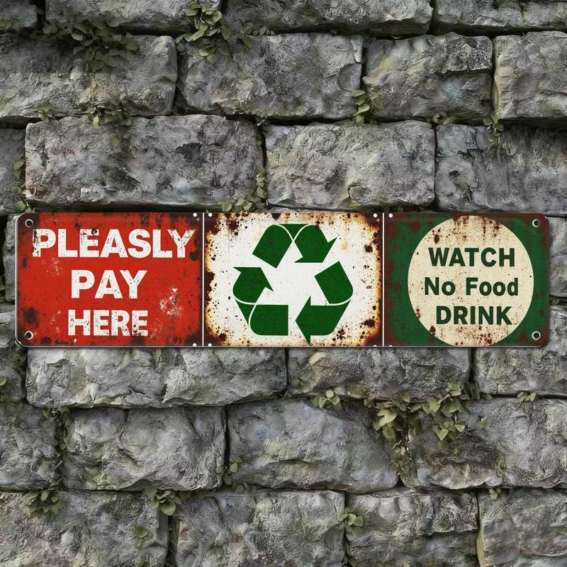 Multicolor Rust Recycle Prohibition Graphic Metal Sign Set Garage Cafe Decor