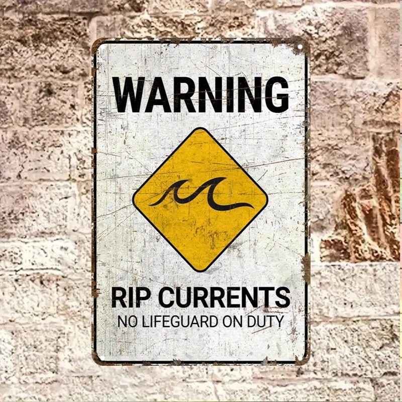 Vintage Coastal Metal Warning Plaque Rip Currents Tin Sign for Beach Bar Decor