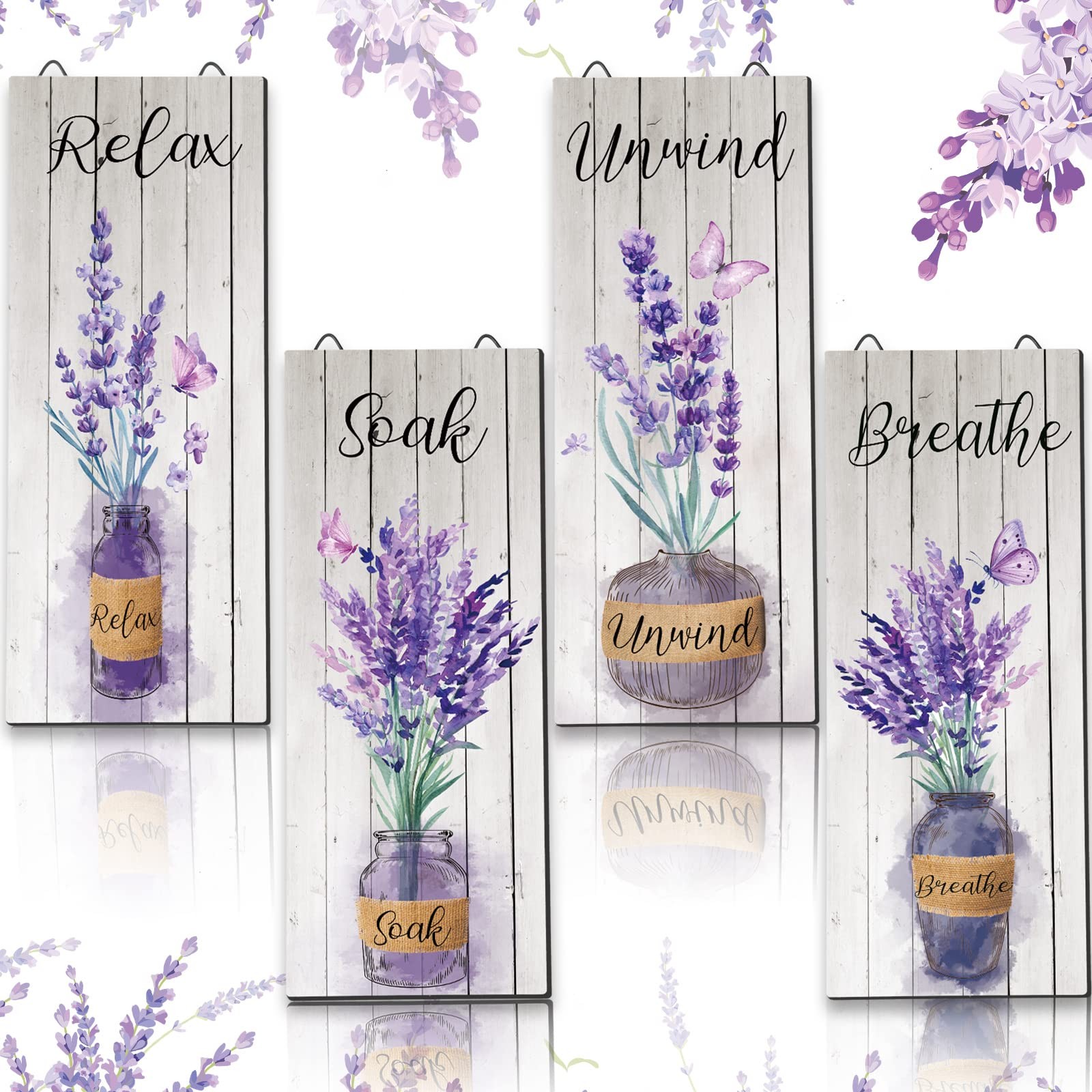 4 Pcs Lavender Bathroom Decor Purple Wall Art 10 x 4 in Purple Bathroom Boho …