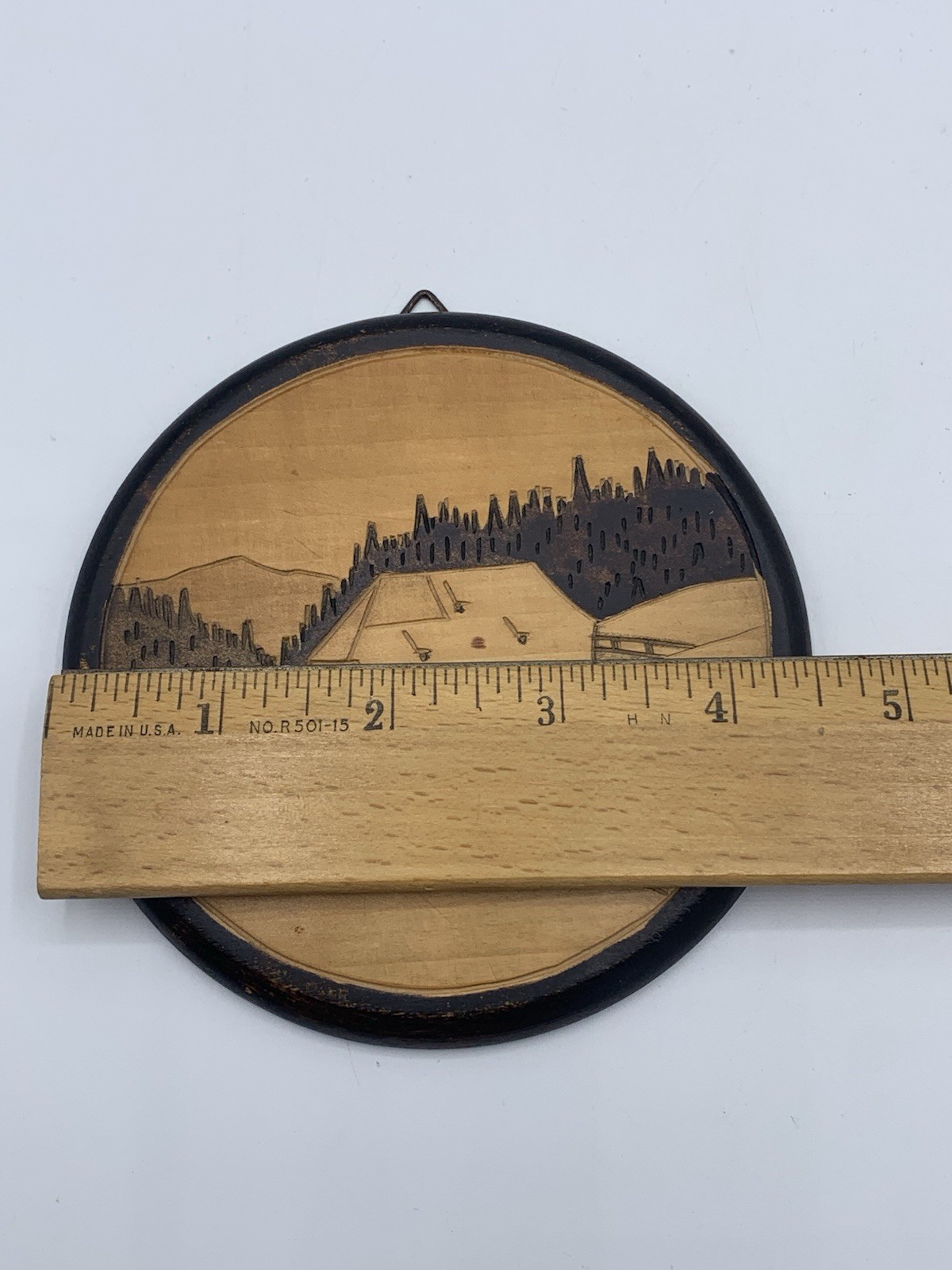 Vintage Inlay Wall Art Handmade Wood Round Country Hillside Scenery