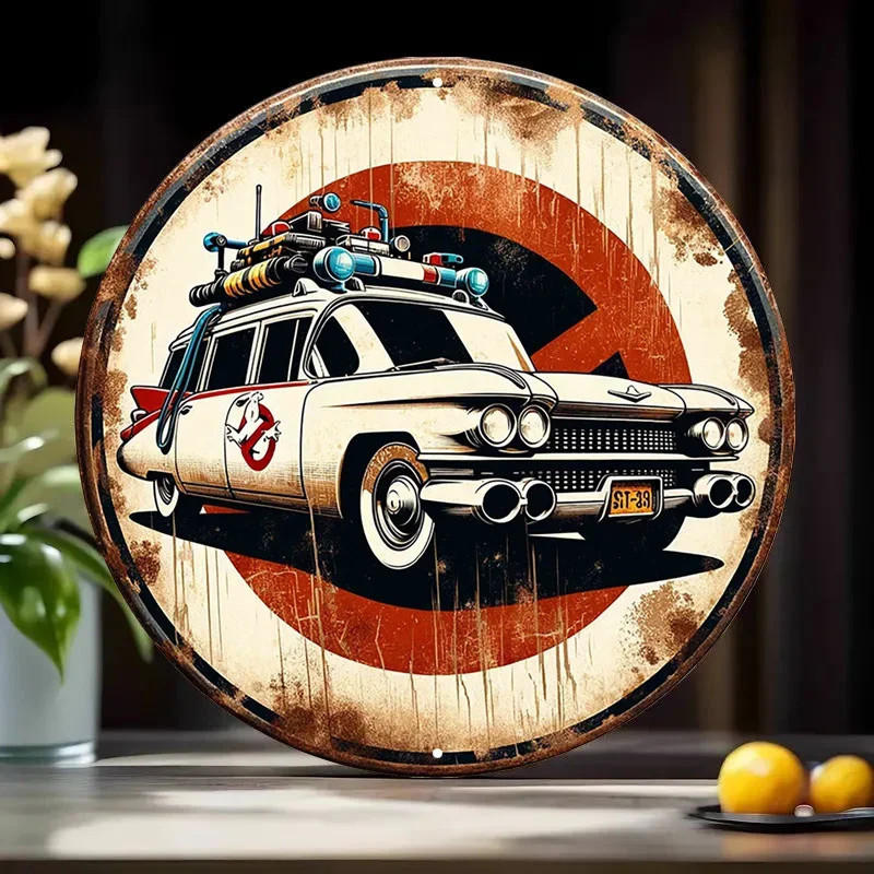 Wall Decor Ghostbusters Ecto-1 Car Vintage Metal Sign Retro Aluminum Round Wall