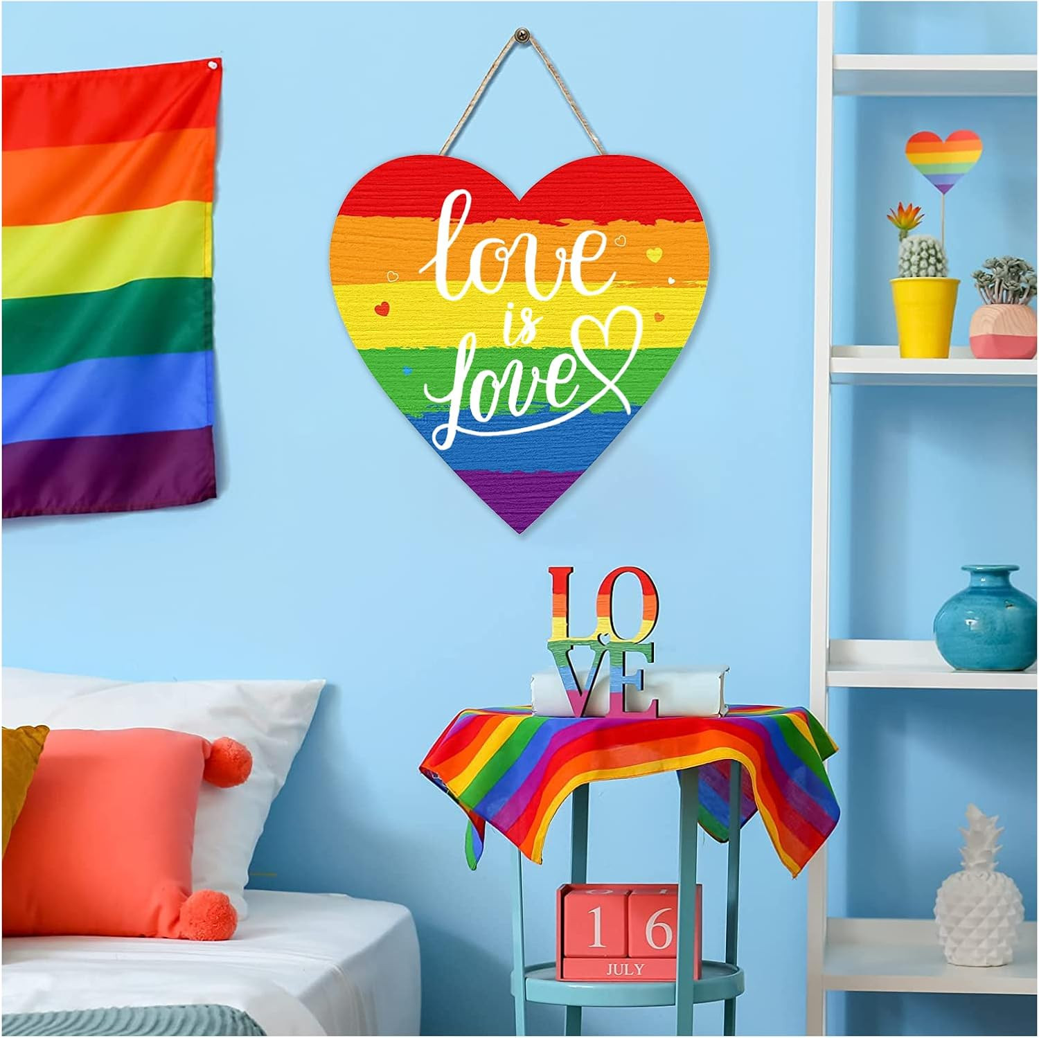Pride Rainbow Wooden Door Sign Love Is Love Wall Hanging Home Decor 12×12 Inch