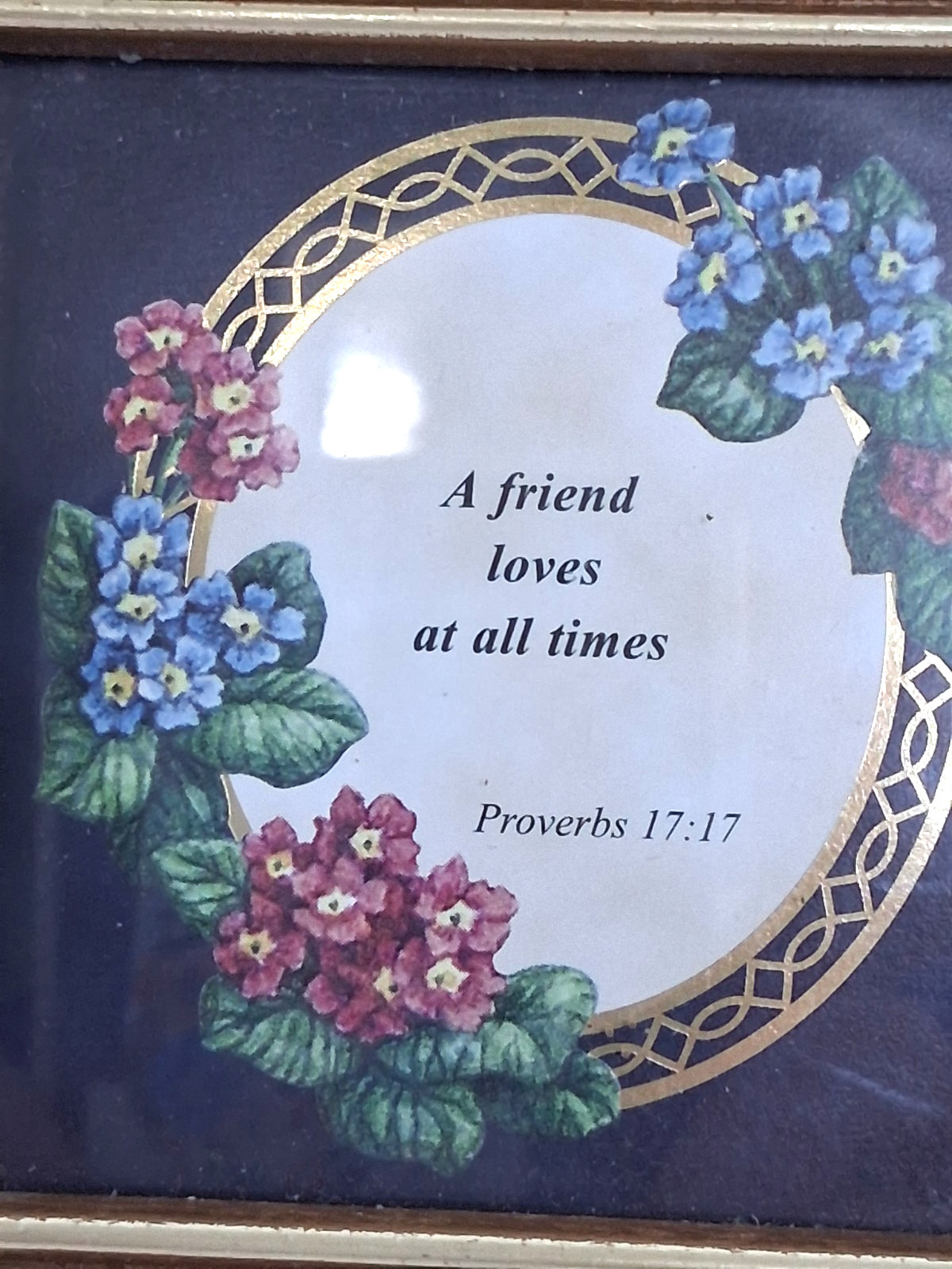 Friendship Wall Hanging or Table Sitter 4 x 4 in Blue, Gold, Flowers Prov 17:17