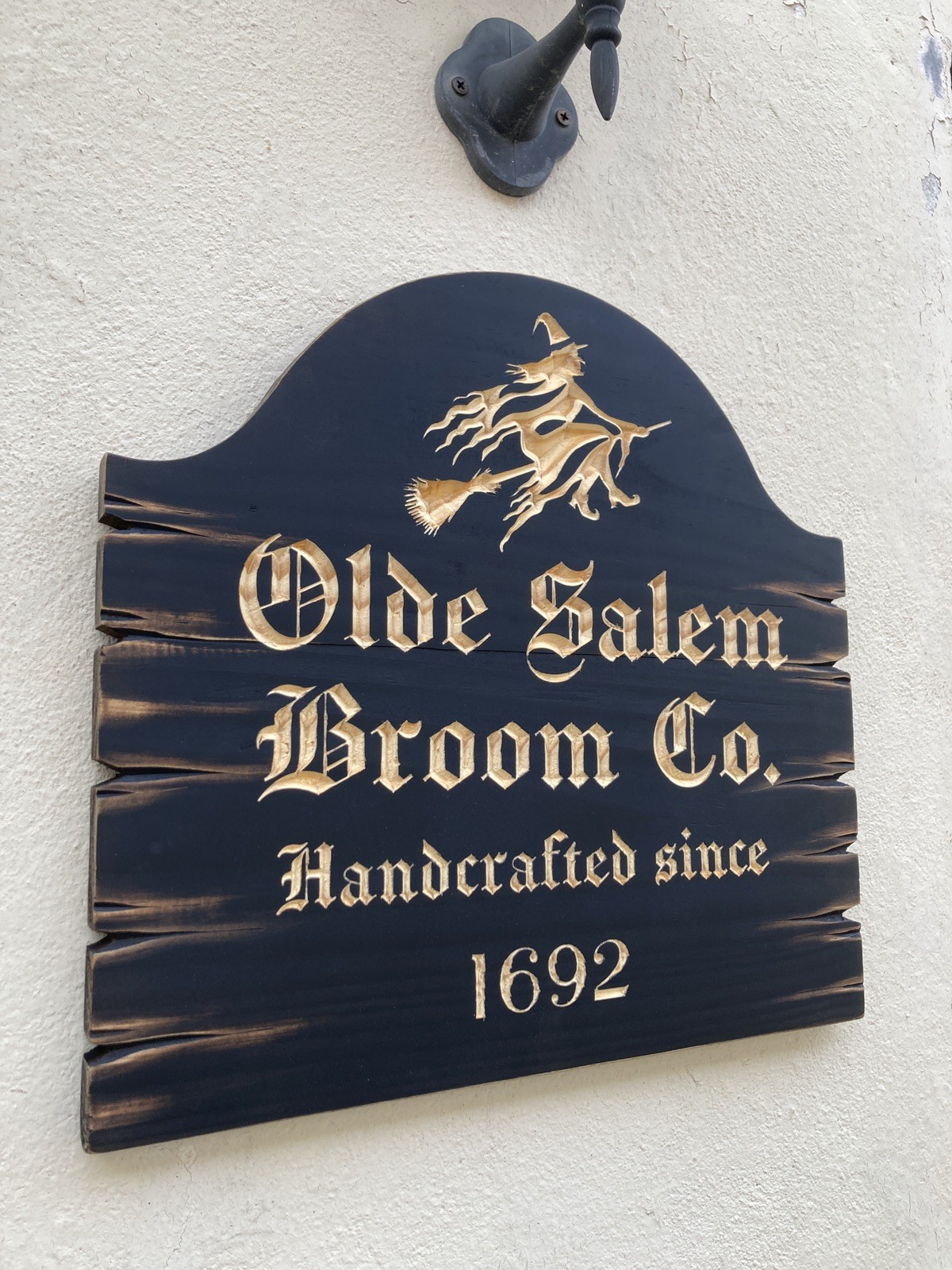 Halloween Salem Witch Broom Wooden Sign Carved Rustic Antique Look
