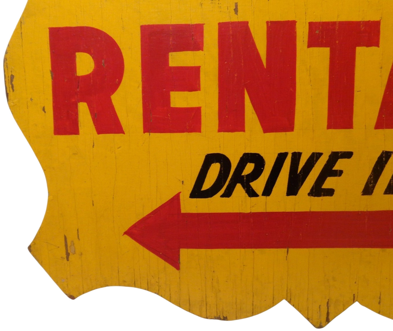 WINTER RENTALS DRIVE IN EARLY-MID 20TH C VINT HAND PAINTED JIG-CUT EDGE WDN SIGN