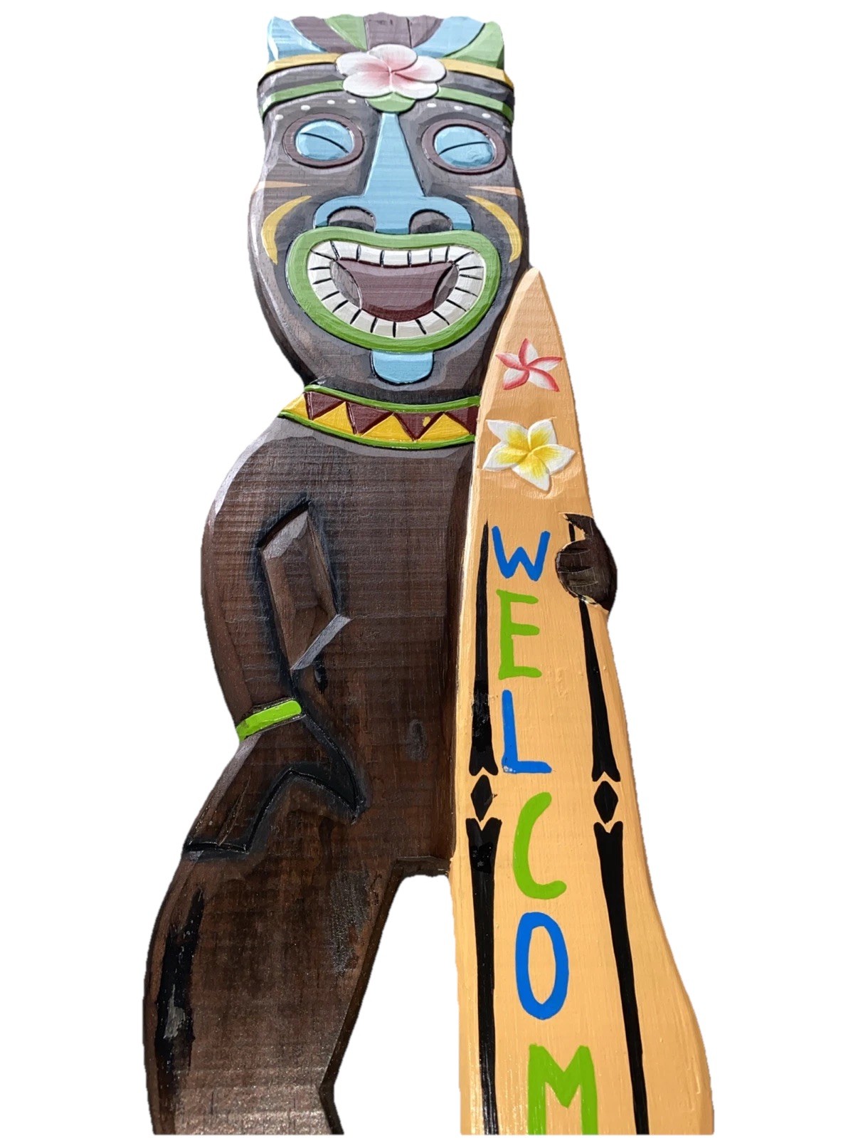 39″ WELCOME TIKI BAR WARRIOR WITH SURFBOARD SIGN WALL ART TIKI DECOR