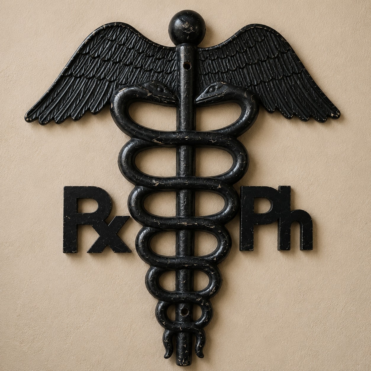 Vintage Metal Caduceus RX Pharmacy Medical Wall Plaque Sign 16″ x 16″ Black