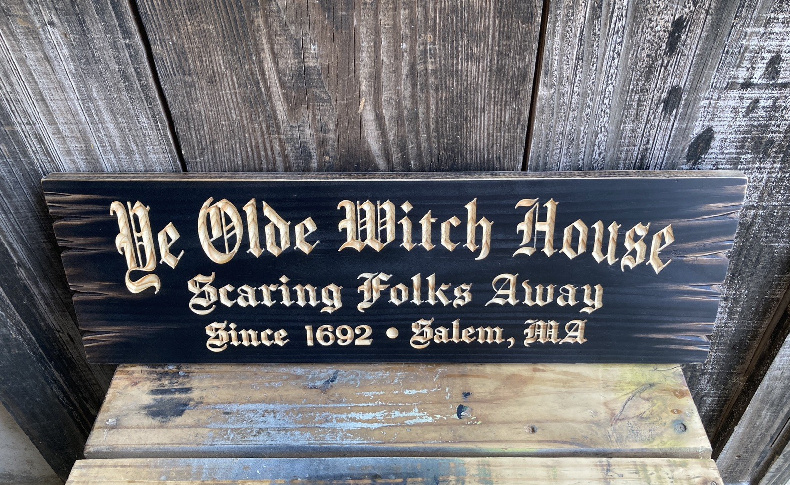 Halloween Salem Witch House Wooden Sign Carved Rustic Antique Look