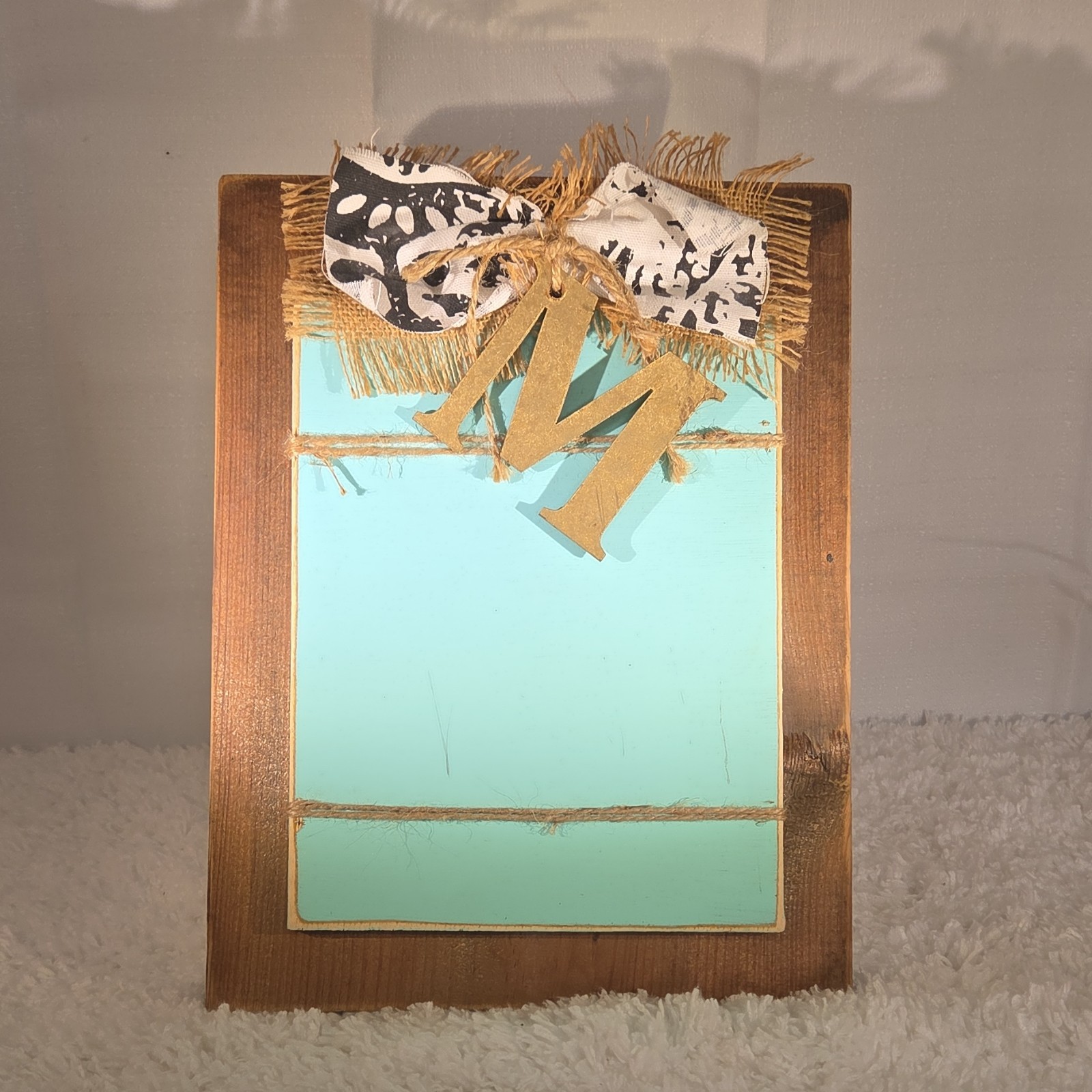 Decorative Wooden Plaque Rustic Letter M Bow Aqua Brown Gold Freestanding Medium