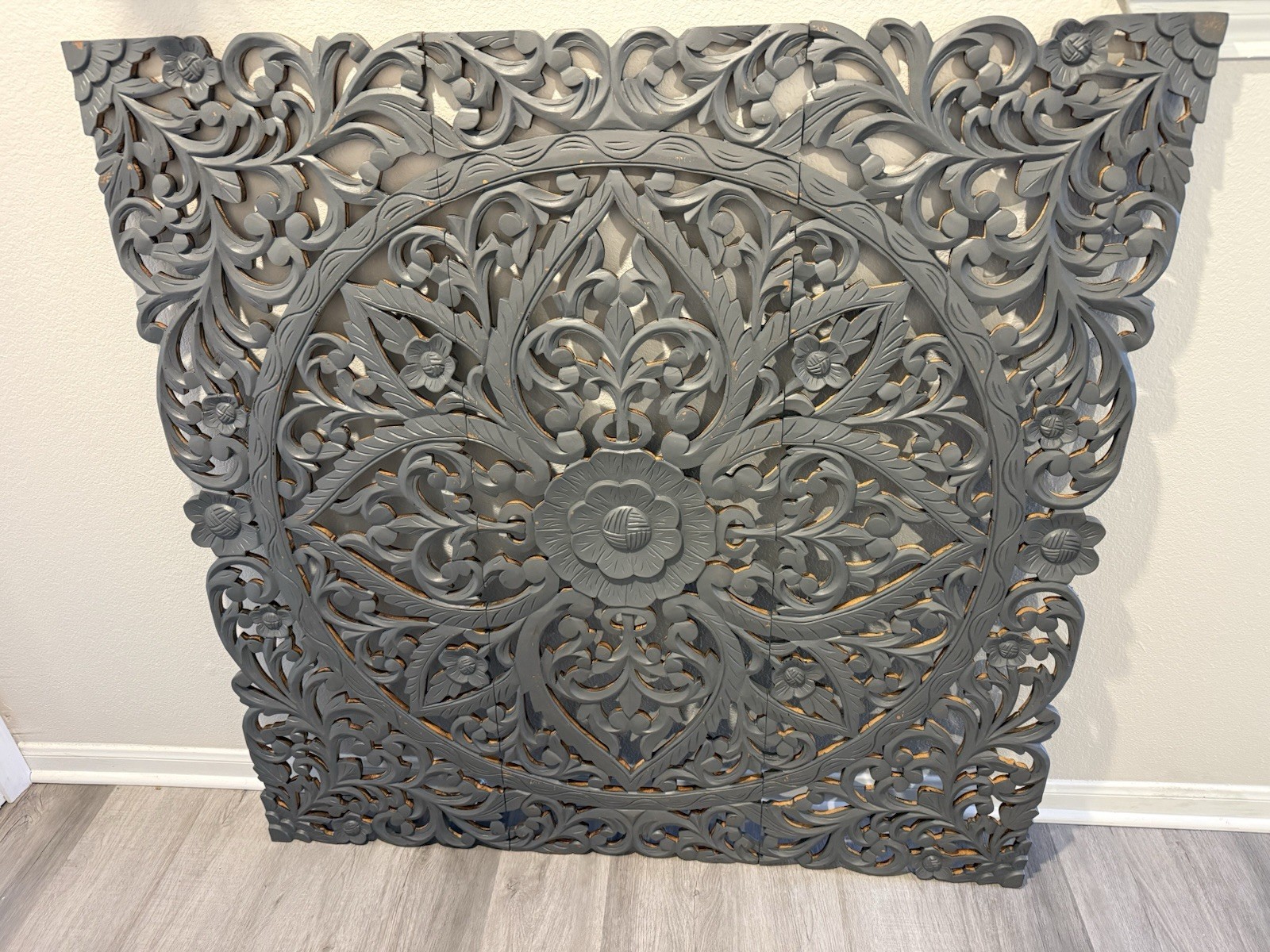 Wall Art 3 Panels Floral Mandala Latticework Design Teak Wood Handcrafted 48”