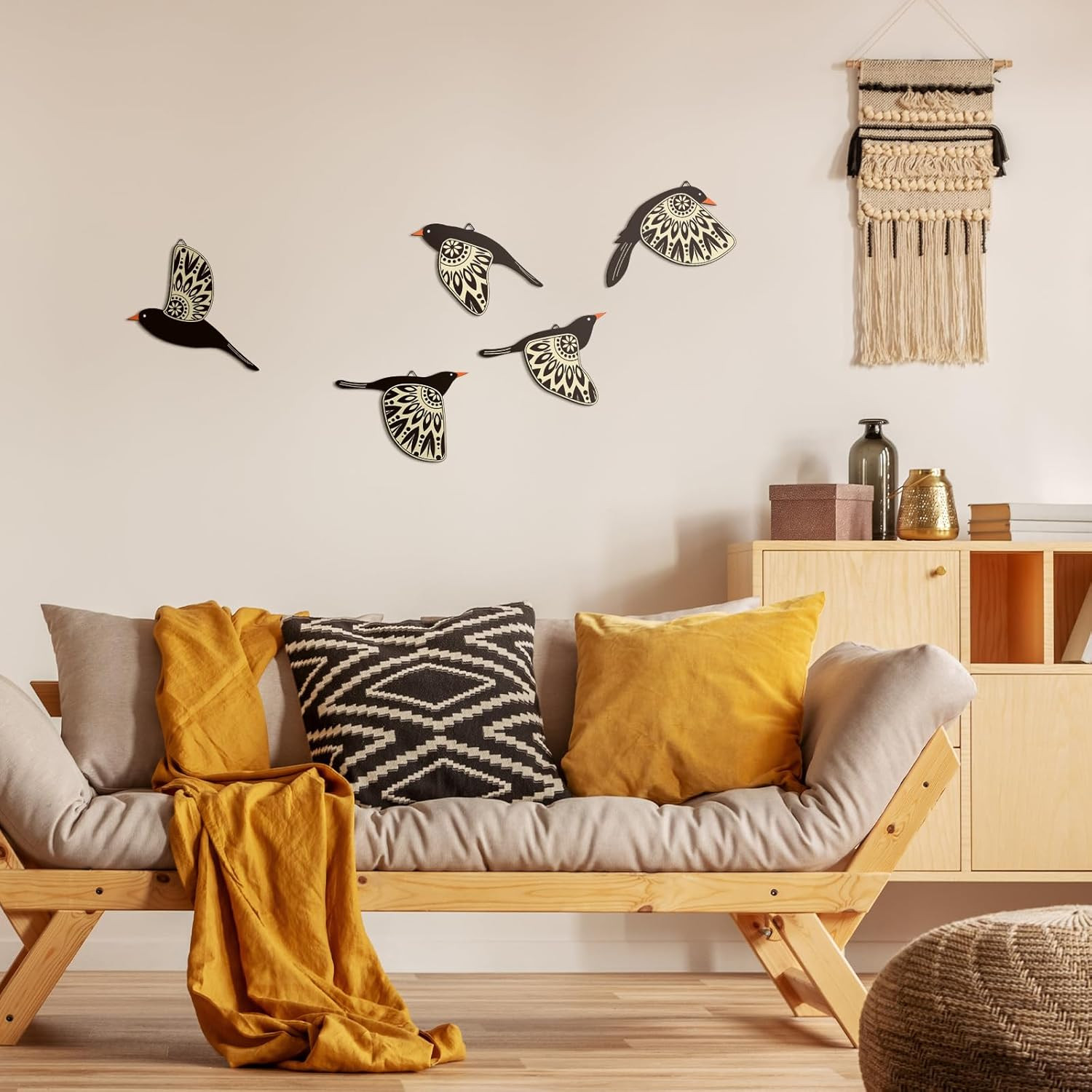 5 Pcs Wooden Bird Wall Art Wood Flying Birds Wall Decor Rustic Folk Art Scandina