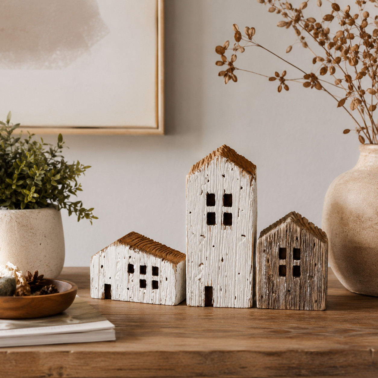 Primitives by Kathy Rustic Wood Houses Sitter Set of 3 Beach Coastal Figurine