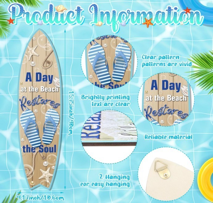 4 Pcs Surfboard Wall Decor Surfboard Wall Hanging Sign Wooden Beach Decoration S
