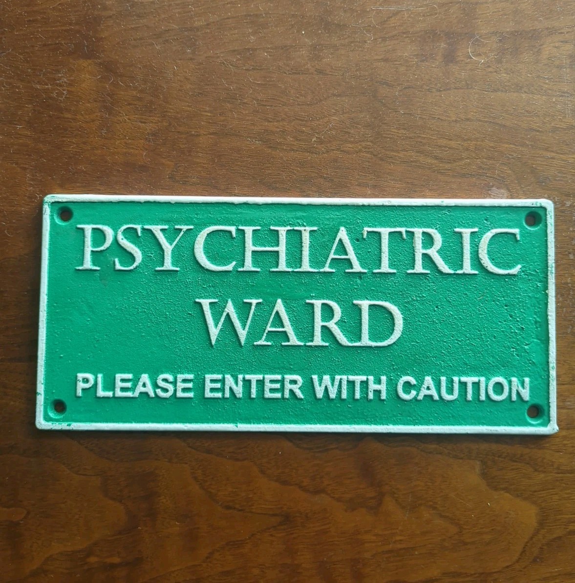 Psychiatric Ward Wall Plaque Green Cast Iron Medium Retro Humor Sign Decor